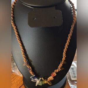 paparazzi Brown Braided Cord Necklace with Multicolored Stone Chips